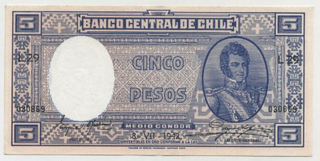 Chile 5 Pesos 1-2 Condor 8-7-1942 Pick 91c XF++