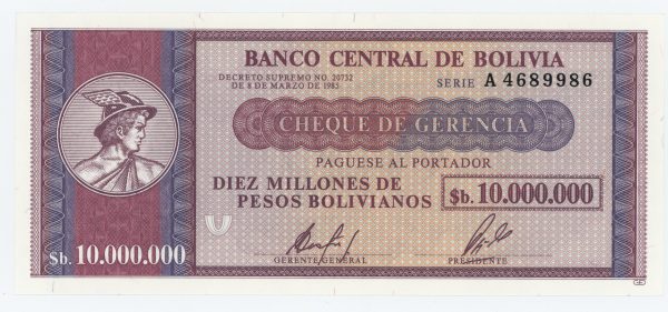 Bolivia 10000000 Pesos Bolivianos 8-3-1985 Pick 192 UNC