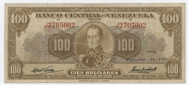 Venezuela 100 Bolivares 24-9-1959 Pick 34d VF
