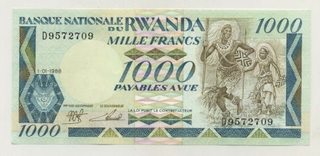 Rwanda 1000 Francs 1-1-1988 Pick 21 UNC
