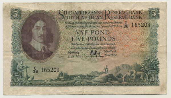 South Africa 5 Pounds 2-12-1954 Pick 97c VF