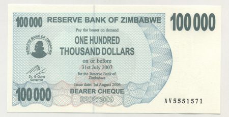 Zimbabwe 100000 100 000 Dollars 1-8-2006 Pick 48b UNC