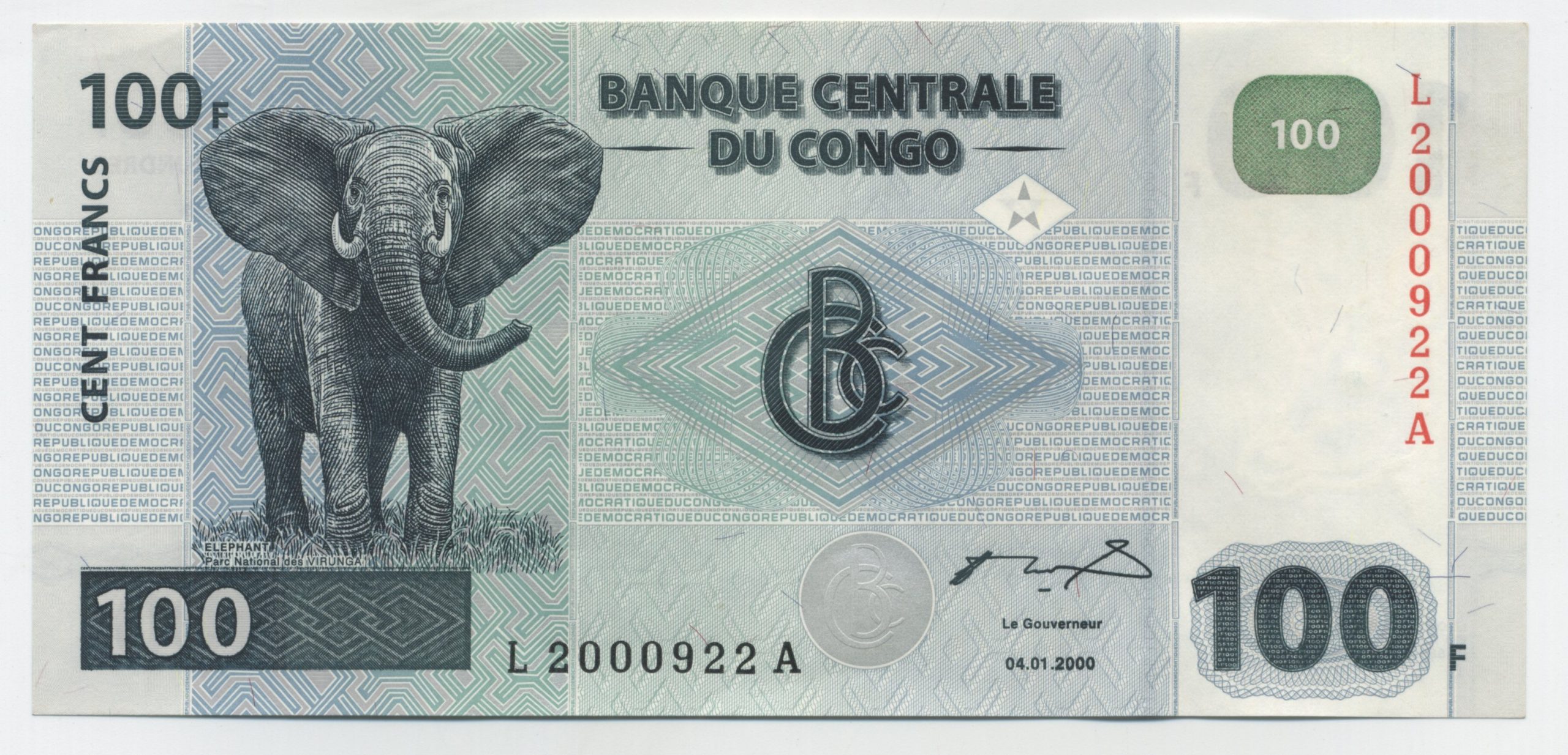 Congo Dem. Rep 100 Francs 4-1-2000 Pick 92 aUNC G&D Congo Dem. Rep 100 Francs 4-1-2000 Pick 92 aUNC G&D