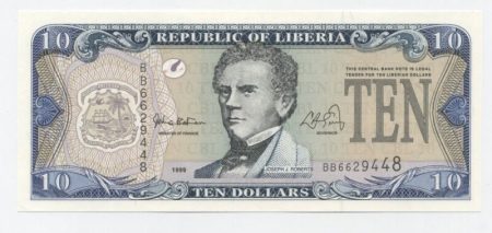 Liberia 10 Dollars 1999 Pick 22 UNC