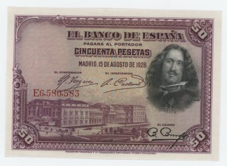 Spain España 50 Pesetas 15-8-1928 Pick 75 aUNC