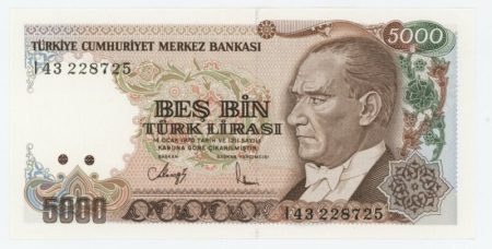 Turkey 5000 Lira L.1970 1990 Pick 198 UNC