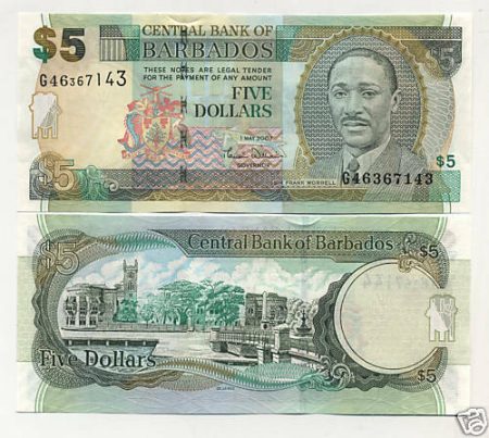 Barbados 5 Dollars 1-7-2007 Pick 67 UNC