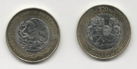 Mexico 20 Pesos Bimetallic Coin 2017 Centennial of Constitution KM 989 Uncirculated