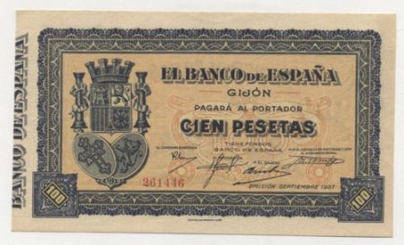 Spain España Gijon 100 Ptas Sept 1937 Pick S580 UNC
