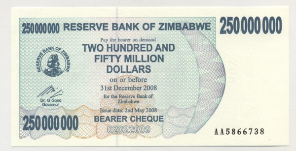 Zimbabwe 250000000 Dollars 2-4-2008 Pick 59 UNC
