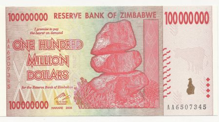 Zimbabwe 100000000 Dollars 2008 Pick 80 UNC