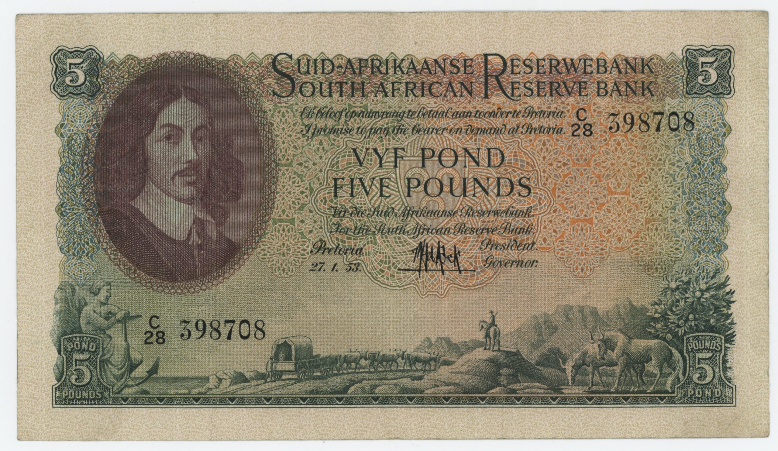 South Africa 5 Pounds 27-1-1953 Pick 97 VF South Africa 5 Pounds 27-1-1953 Pick 97 VF