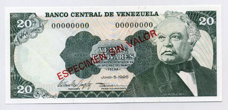 Venezuela 20 Bolivares 5-6-1995 Pick 63s UNC