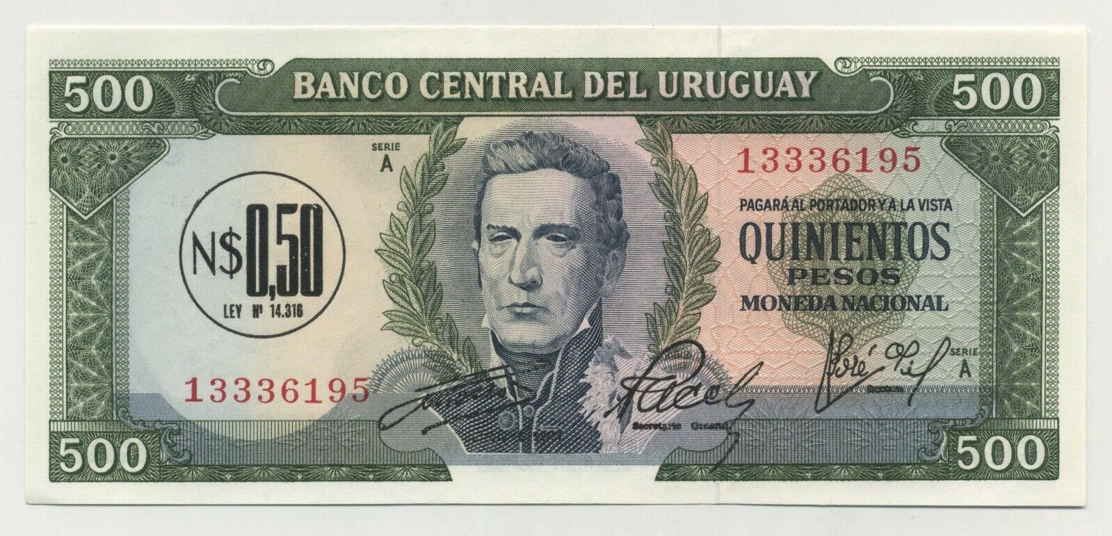 Uruguay 0.50 Nuevo Peso on 500 Pesos ND 1975 Pick 54 UNC Uruguay 0.50 Nuevo Peso on 500 Pesos ND 1975 Pick 54 UNC