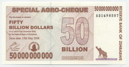 Zimbabwe 50 BILLION Dollars 15-5-2008 Pick 63 UNC