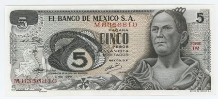 Mexico 5 Pesos 3-12-1969 Pick 62a UNC