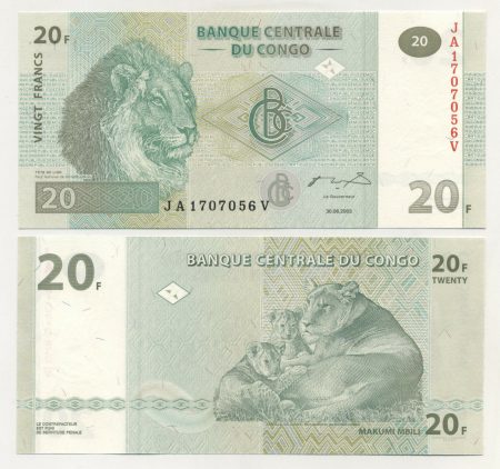 Congo Dem Rep 20 Francs 30-6-2003 Pick 94A UNC Printer G&D