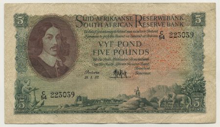 South Africa 5 Pounds 21-1-1957 Pick 97c VF