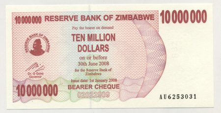 Zimbabwe 10000000 Dollars 1-1-2008 Pick 55 UNC
