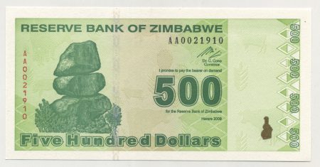 Zimbabwe 500 Dollars 2009 Pick 98 UNC