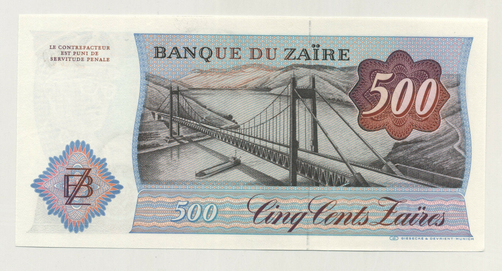 Zaire 500 Zaires 14-10-1985 Pick 30b UNC Zaire 500 Zaires 14-10-1985 Pick 30b UNC