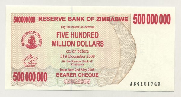 Zimbabwe 500000000 Dollars 2-4-2008 Pick 60 UNC