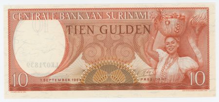 Suriname 10 Gulden 1-9-1963 Pick 121 UNC