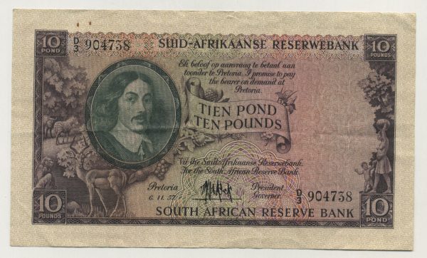 South Africa 10 Pounds 6-11-1957 Pick 99 VF