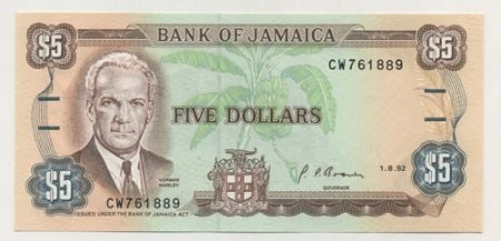 Jamaica 5 Dollars 1-8-1992 Pick 70d UNC