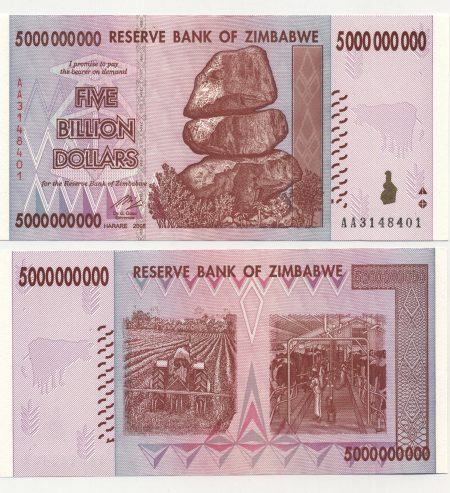 Zimbabwe 5000000000 Dollars 2008 Pick 84 UNC AA