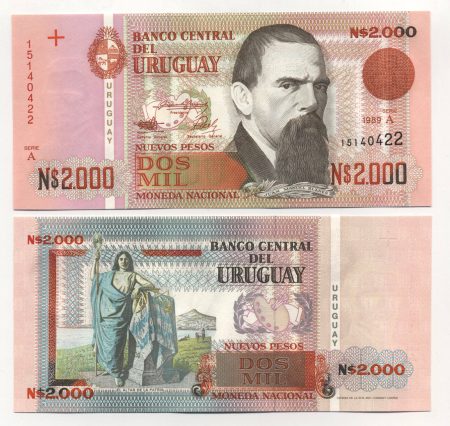 Uruguay 2000 Nuevos Pesos 1989 Pick 68 UNC