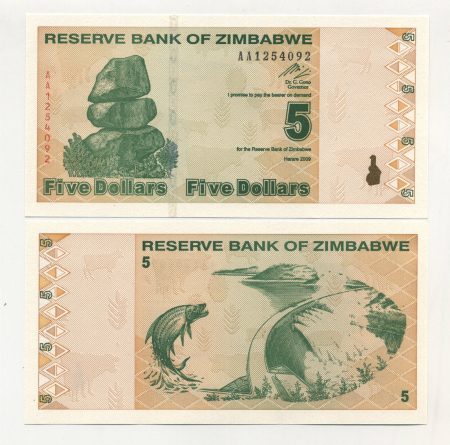 imbabwe 5 Dollars 2009 Pick 93 UNC