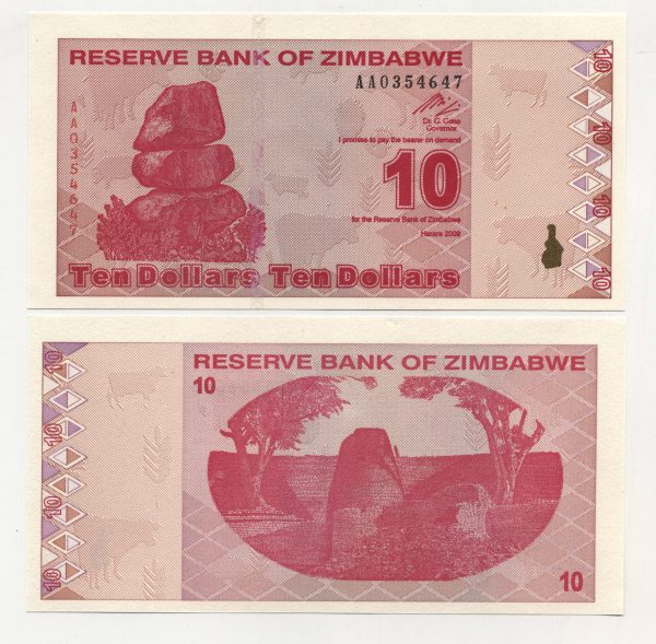 Zimbabwe 10 Dollars 2009 Pick 94 UNC