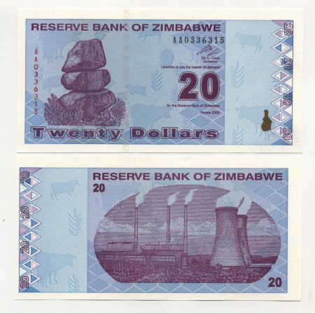 Zimbabwe 20 Dollars 2009 Pick 95 UNC