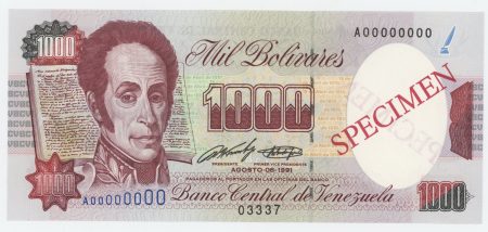 Venezuela 1000 Bolivares 8-8-1991 Pick 73s1 UNC