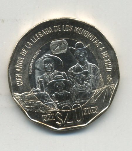 Mexico 20 Pesos 2022 100 mennonites Bi-Metallic KM New UNC Coin