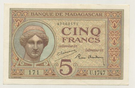Madagascar 5 Francs ND 1937 Pick 35 XF+