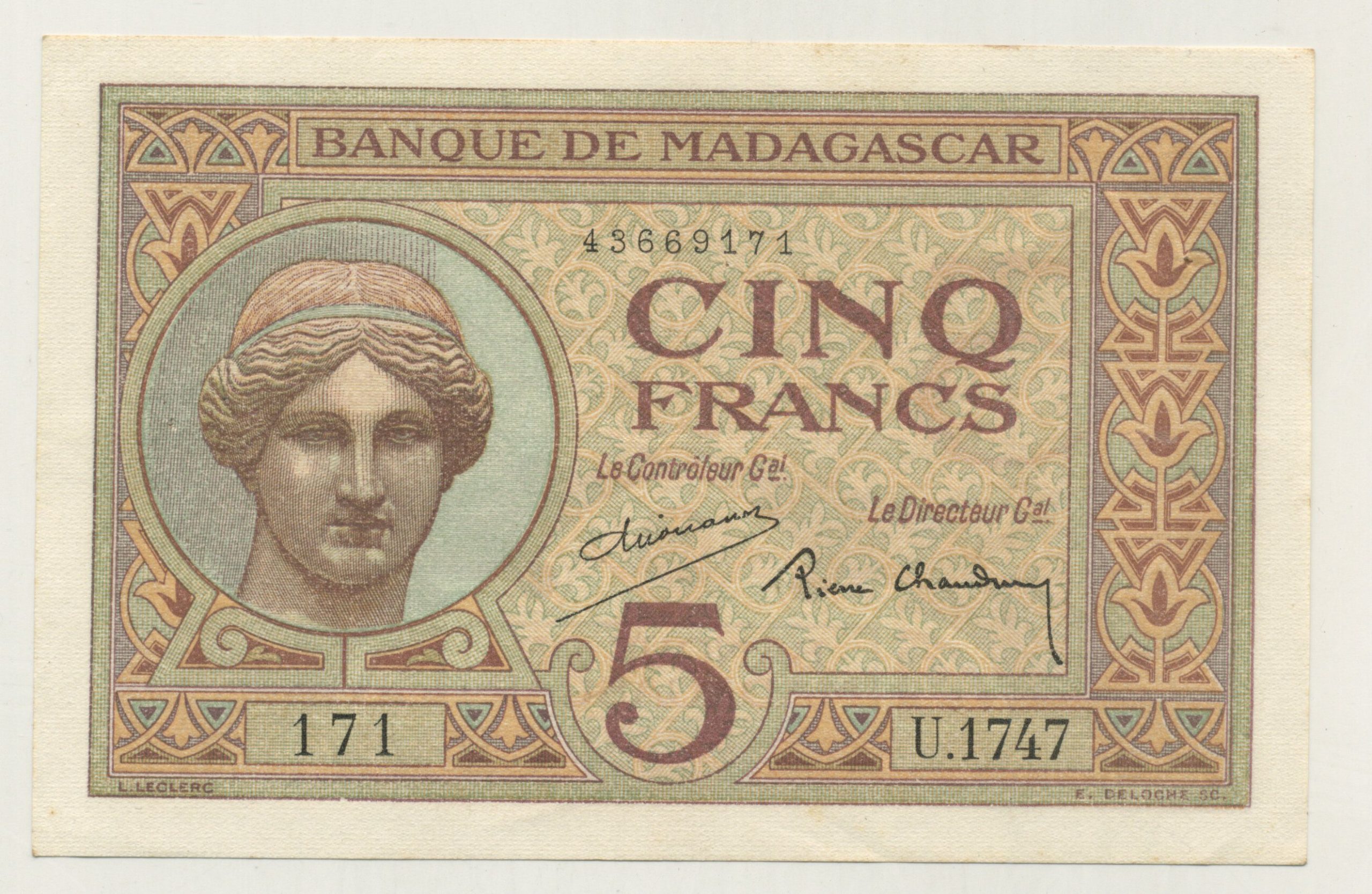 Madagascar 5 Francs ND 1937 Pick 35 XF+ Madagascar 5 Francs ND 1937 Pick 35 XF+