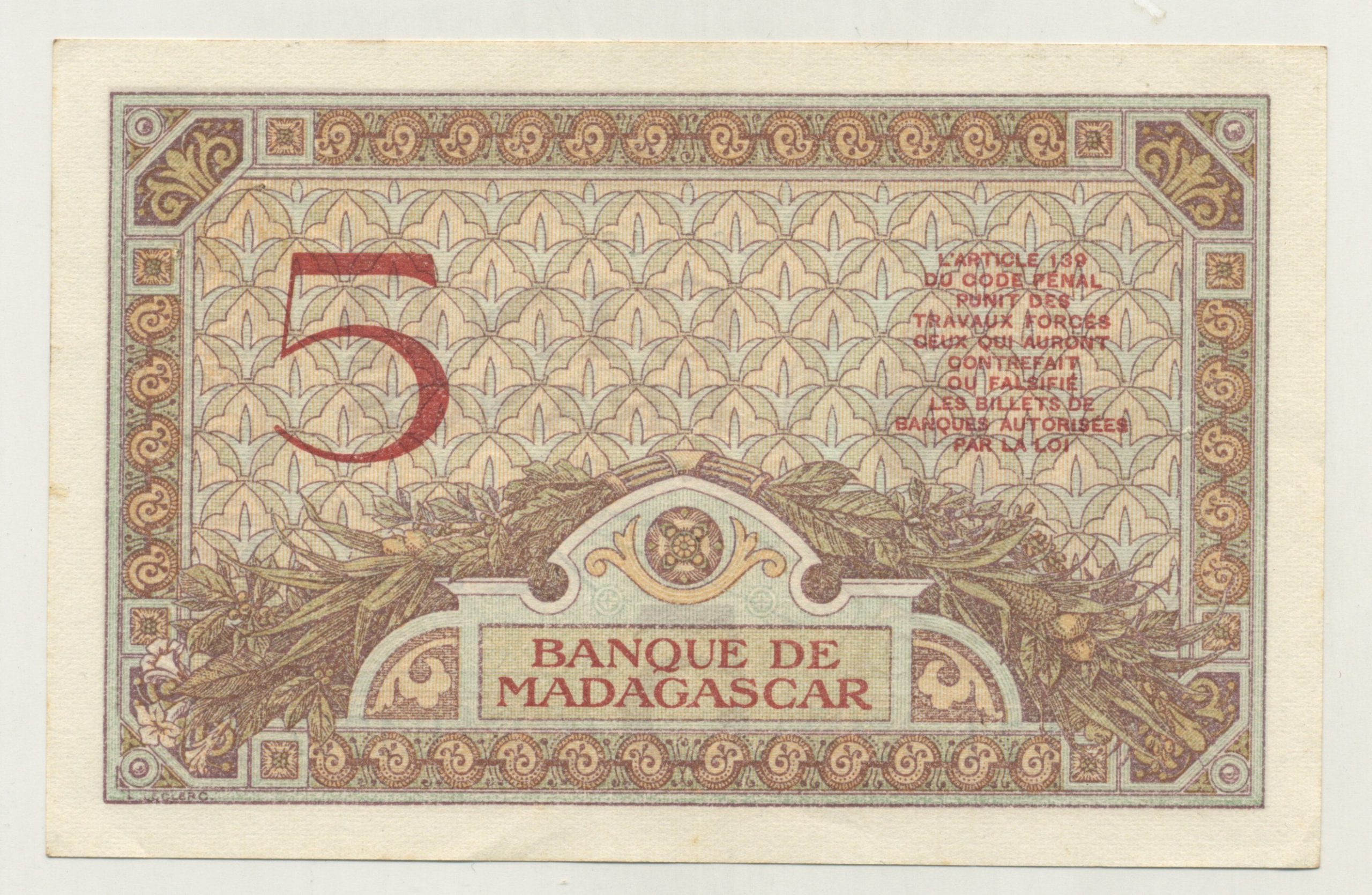 Madagascar 5 Francs ND 1937 Pick 35 XF+ Madagascar 5 Francs ND 1937 Pick 35 XF+