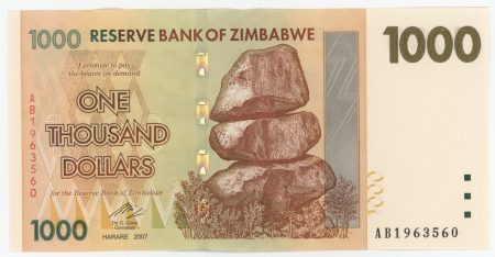 Zimbabwe 1000 Dollars 2007 Pick 71 UNC