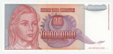 Yugoslavia 1000000000 Dinara 1989 Pick 126 UNC