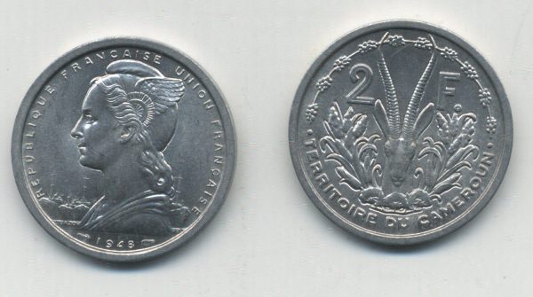 Cameroon Cameroun 2 Francs 1948 KM 9 UNC Uncirculated coin aluminum
