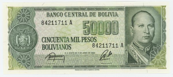 Bolivia 50000 Pesos Bolivianos 1984 Pick 170 UNC