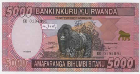 Rwanda 5000 Francs 1-12-2014 Pick 41 UNC Gorilla