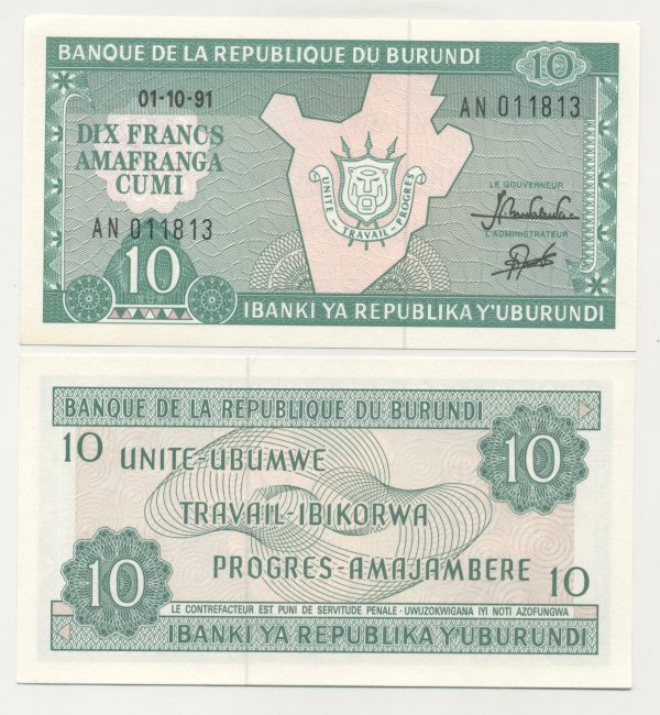 Burundi 10 Francs 1-10-1991 Pick 33b UNC
