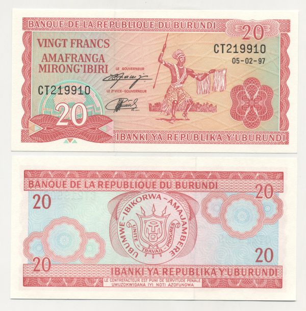 Burundi 20 Francs 5-2-1997 Pick 27d UNC