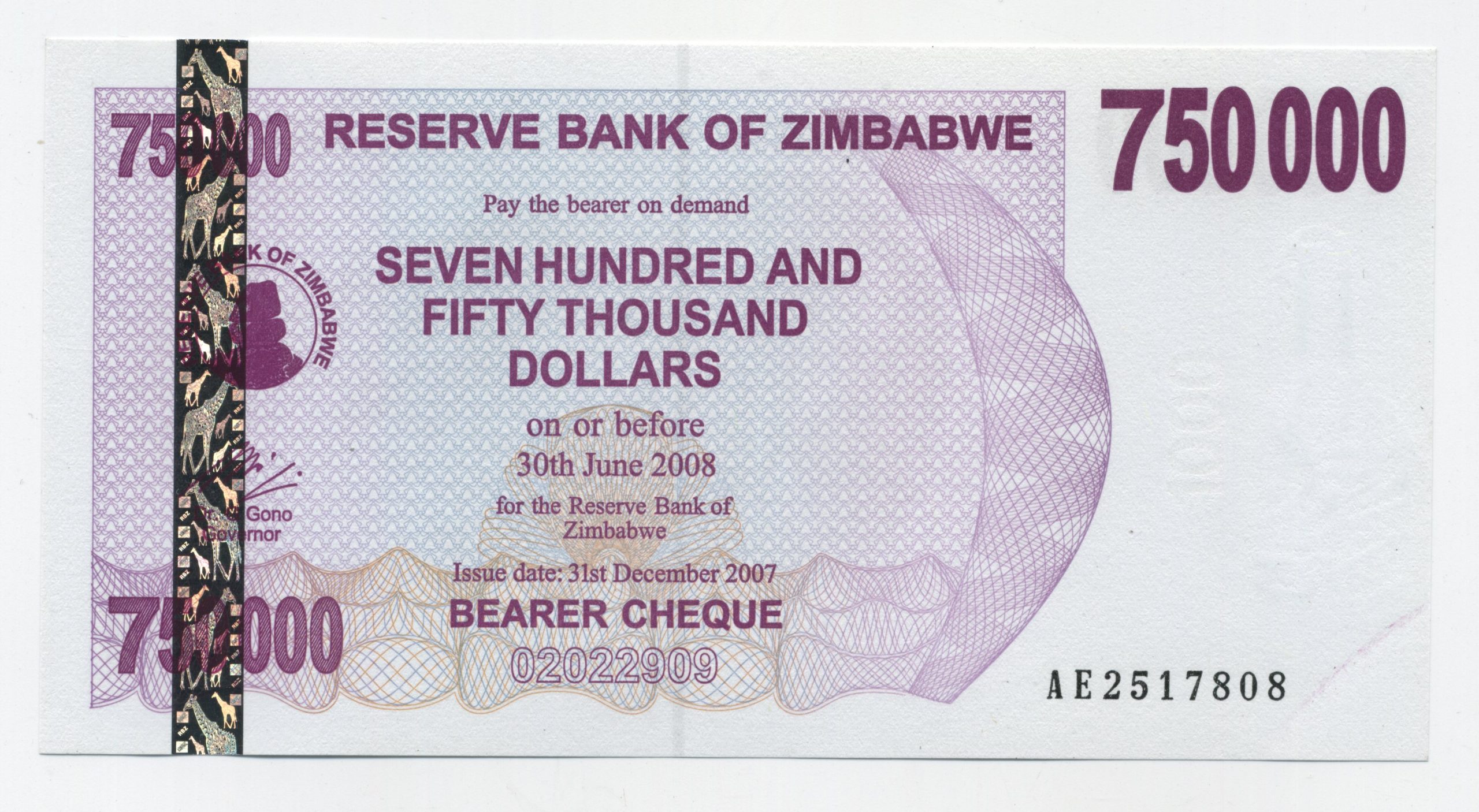 Zimbabwe 750000 Dollars 31-12-2007 Pick 52 aUNC Zimbabwe 750000 Dollars 31-12-2007 Pick 52 aUNC