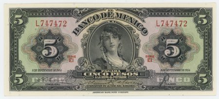 Mexico 5 Pesos 8-9-1954 Pick 57c Serie EI UNC
