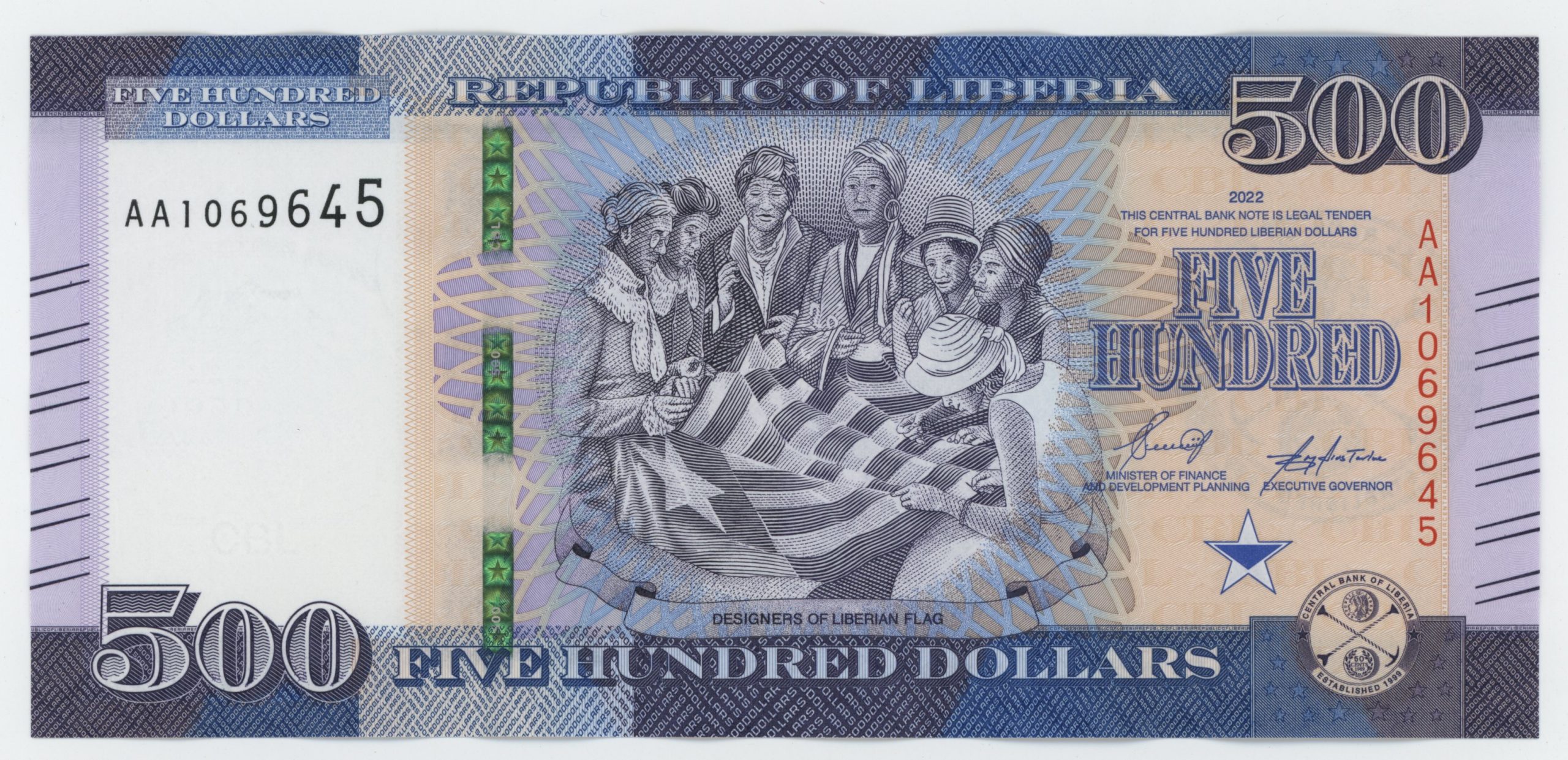 Liberia 500 Dollars 2022 P 42 UNC Liberia 500 Dollars 2022 P 42 UNC