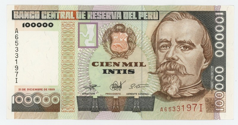 Peru 100000 Intis 21-12-1989 Pick 145 UNC Peru 100000 Intis 21-12-1989 Pick 145 UNC